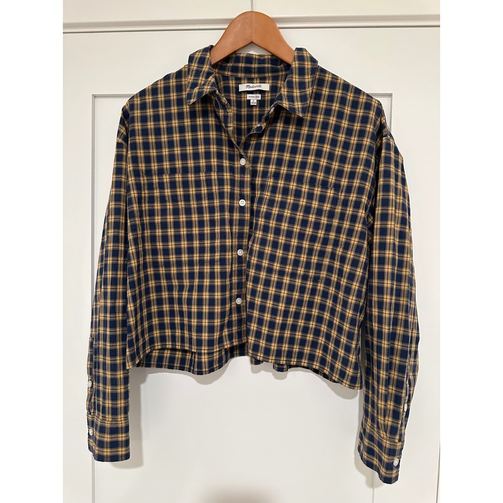 Madewell The Signature Poplin Crop Shirt Indigo Plaid Flannel Button Down M
